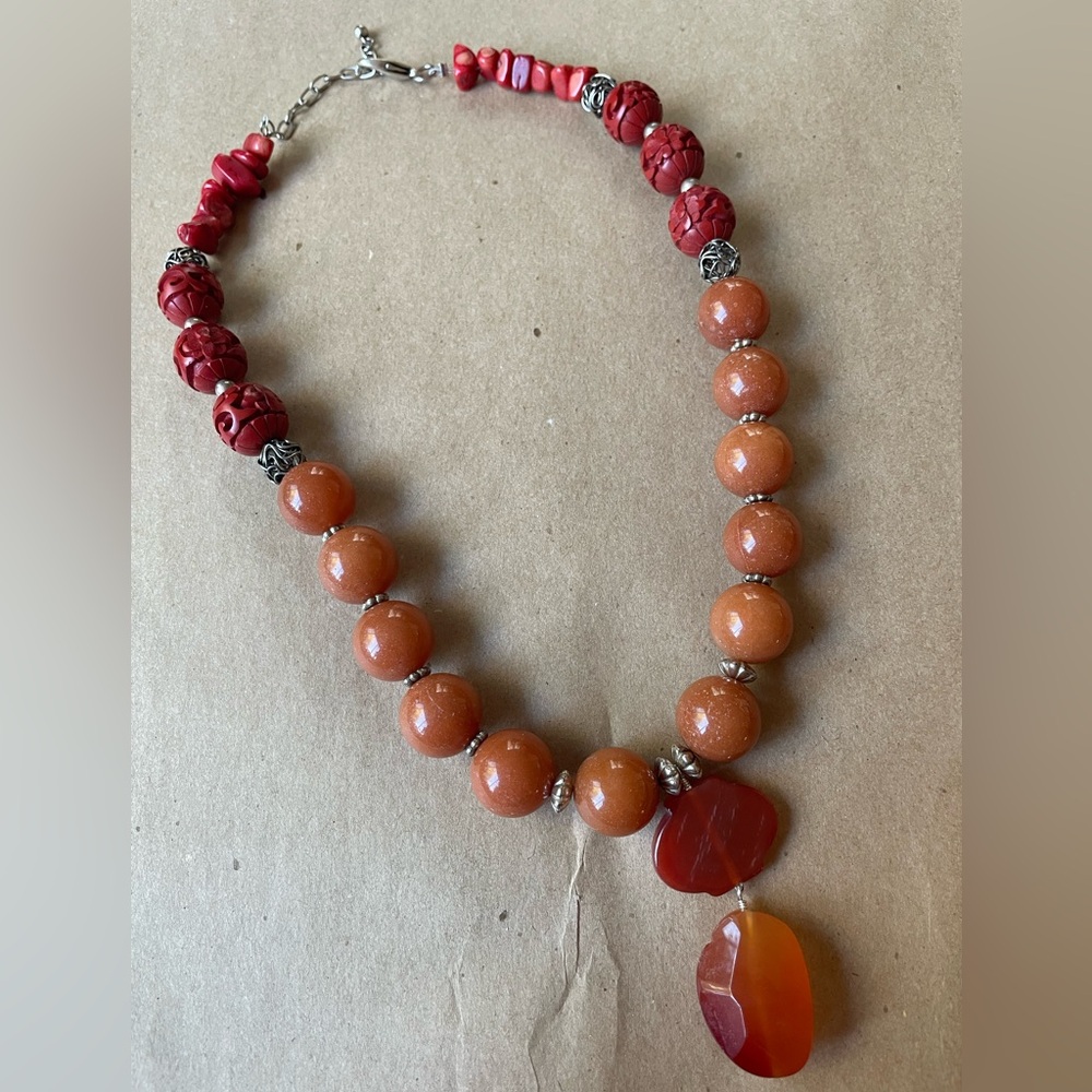 Necklace of vintage Carnelian, carved Cinnabar, Silver, Howlite chips